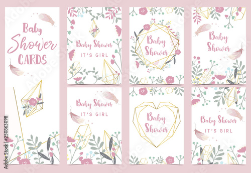 Geometry pink gold baby shower invitation card with rose,leaf,dreamcatcher,wreath,heart and feather
