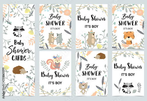 hand drawn woodland card with porcupine,bear,tiger,fox and skunk
