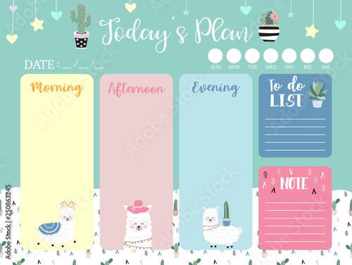 Pastel weekly planner with llama,star and cactus