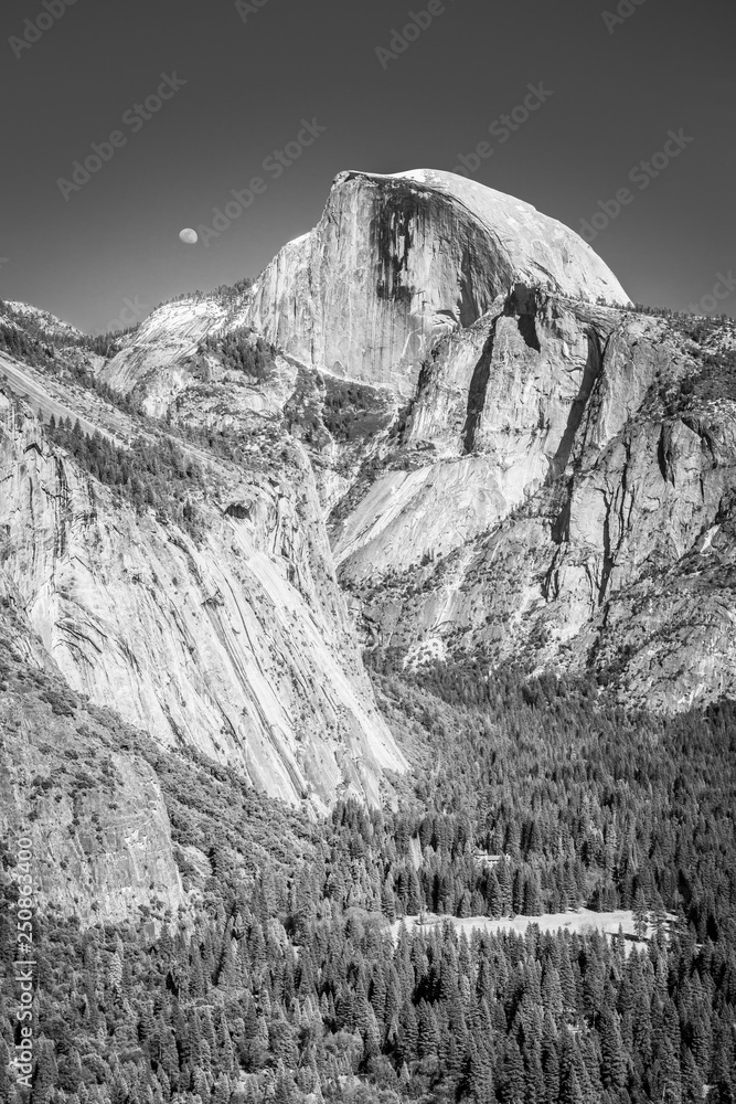 Half Dome with Rising Moon B&W