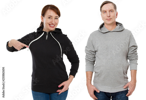 Woman and man set in sweatshirt front view. Guy and female in template clothes for print and copy space isolated on white background. Mockup.