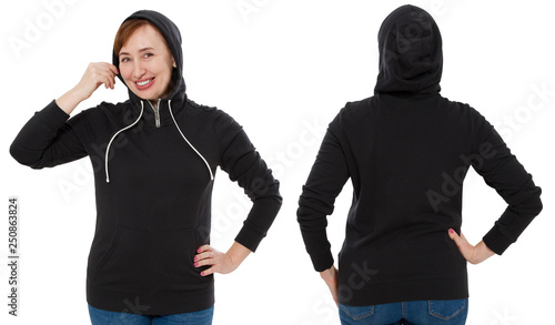 Front back and rear black sweatshirt view. Woman in template hoody clothes for print and copy space isolated on white background. Hoody Mockup