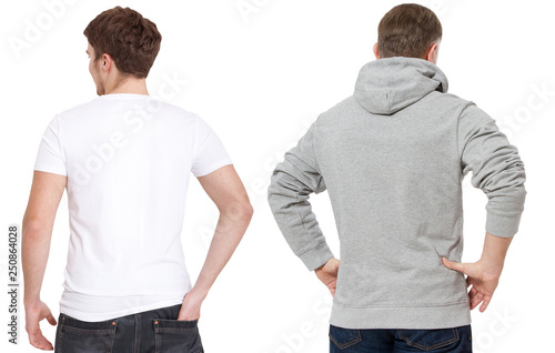 T shirt and sweatshirt template. Men in white tshirt and in grey hoody. Back rear view. Mock up isolated on white background. Copy space. Place for print.