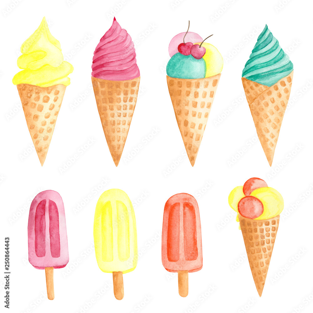  watercolor set of pink, turquoise, orange ice cream and fruit ice