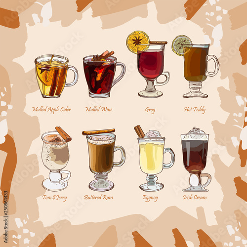 Hot classic cocktails set illustration. Alcoholic warm bar drink hand drawn vector collection. Pop art menu image items.