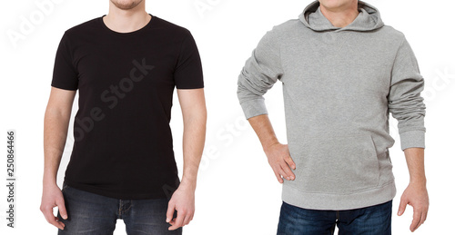 T shirt and sweatshirt template. Men in black tshirt and in grey hoody. Front view. Mock up isolated on white background. Copy space. Place for print. Cropped image