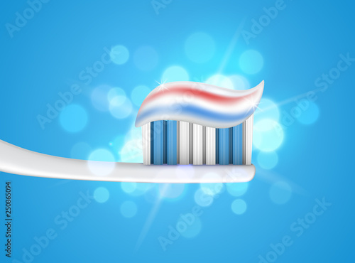 Vector illustration of toothpaste on tooth brush with blue shiny background