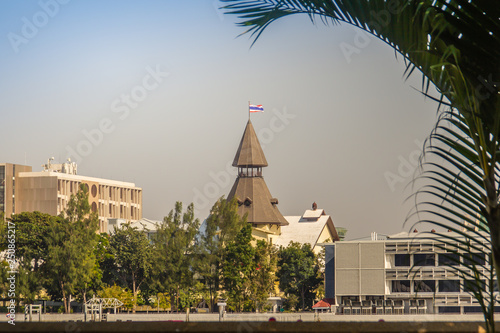 Thammasat University, Tha Pachan campus view from Chao Phraya River. Thammasat is Thailand's second oldest institute of higher education, established in 1934 near the Grand Palace in Bangkok Old City. photo