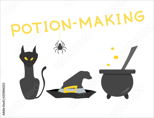 Festive composition on the theme of potion-making and magic. Set of witches. Good for use on a Halloween or a children's holiday.