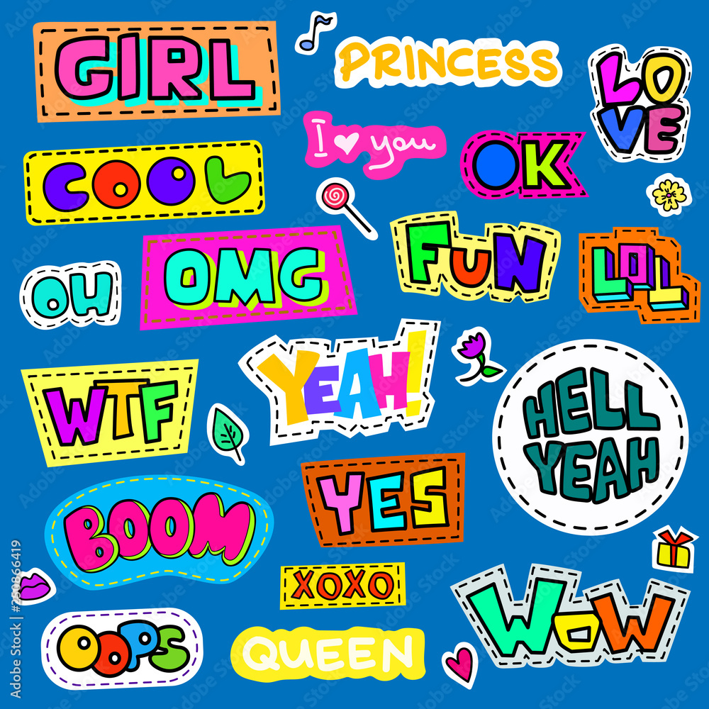 Set of colorful cartoon badges. Known abbreviations and popular words .Vector illustration use as patch, sticker, pin