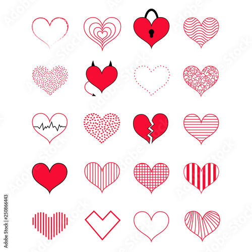 Vector set of different red hearts. Icons for your design. Happy Valentine's Day.