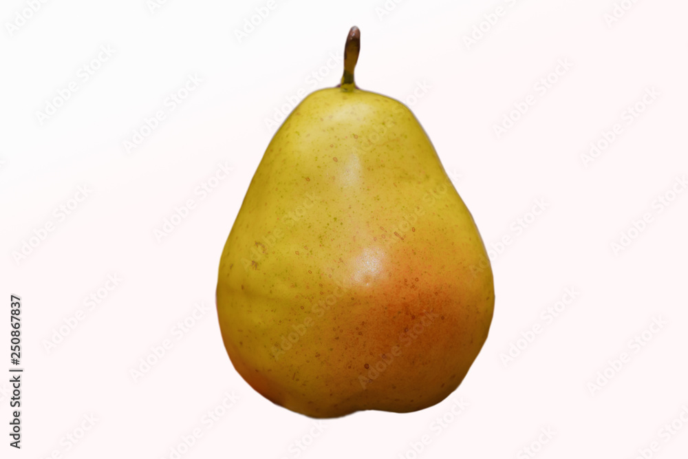 One ripe yellow pear isolated on white background . The yellow pear is covered with water. Isolated on white. Way is in path. Pear on a white background, isolated, close-up . One ripe yellow pear isolated on white background . The yellow pear is covered with water. Isolated on white. Way is in path. Pear on a white background, isolated, close-up .