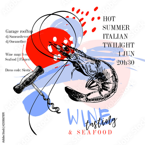 Wine tasting and seafood party poster. Vector hand drawn shrimp with a corcksrew. Italian sea fingerfood banner. Modern abstract background. Vintage restaurant menu, invitation, flyer design.
