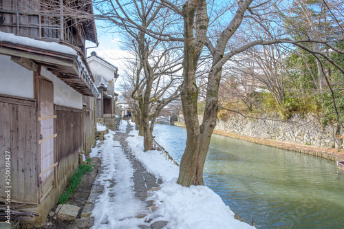 A canal in Omihachiman city, Shiga prefecture. There are old-fashioned house along the canal © leelana