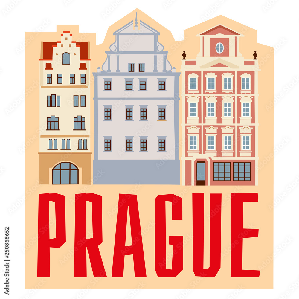 Old Prague. Vintage decorative houses. Tourist magnet sticker. Vector graphics