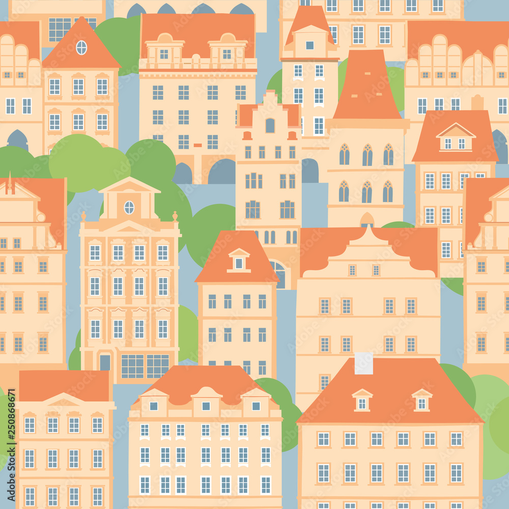 Old European city. Decorative beige houses with tiled roofs. Seamless pattern. Vector graphics