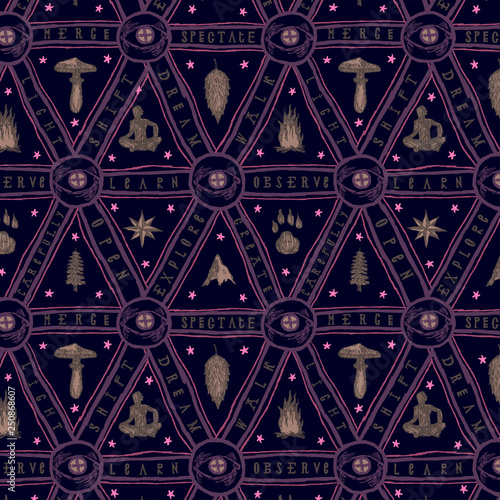 Dark purple and gold eyes and magic mushrooms triangle seamless pattern