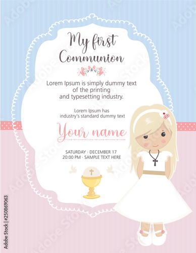 My first communion invitation. Beautiful girl with communion dress and cute frame