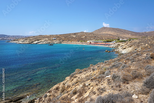 Beautiful panoramic view of Lia beach bay in Mykonos