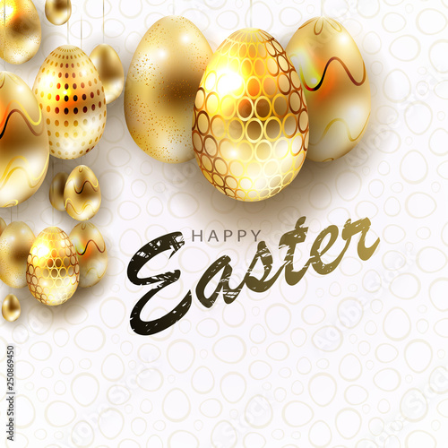 Composition with eggs of brilliant golden color with a pattern, postcard.