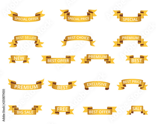 Gold premium sales vector banners set. Golden flag ribbon banner and gold banner sale ribbon, sale banner illustration