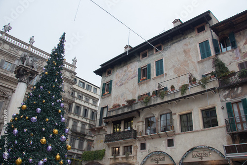 New Year Tree and Mazzanti house at Piazza delle Erbe, Verona, Italy. photo