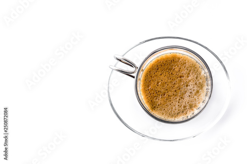 Hot espresso coffee glass isolated on white background. Top view. Copyspace