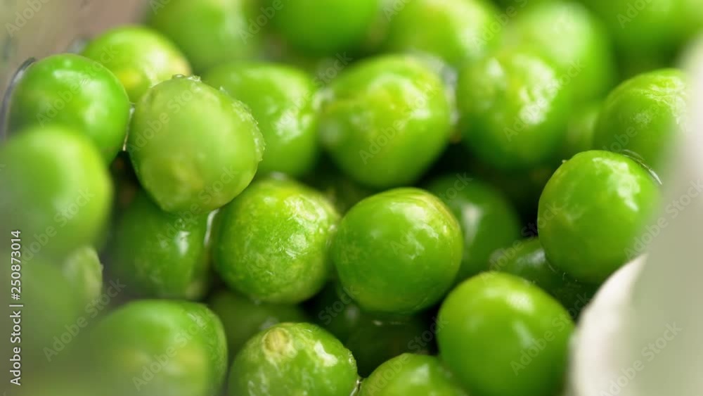 SLOW MOTION, MACRO, DOF: Water droplets splash over the round green peas inside a blender. Organic homegrown peas shine inside the food processor as lemon juice is squeezed onto the. Wet round legumes SLOW MOTION, MACRO, DOF: Water droplets splash over the round green peas inside a blender. Organic homegrown peas shine inside the food processor as lemon juice is squeezed onto the. Wet round legumes