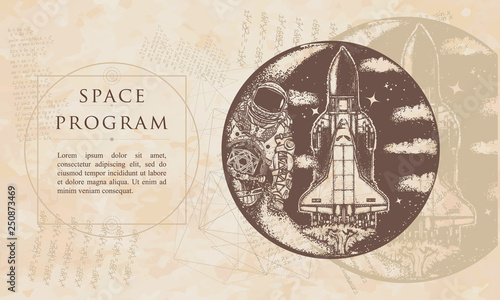 Space program. Space shuttle and astronaut. Renaissance background. Medieval manuscript, engraving art