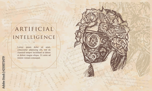 Artificial intelligence. Robot woman. Renaissance background. Medieval manuscript, engraving art