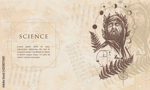 Science. God of knowledge. Great prophet, genius, creator of universe. Renaissance background. Medieval manuscript, engaving art photo