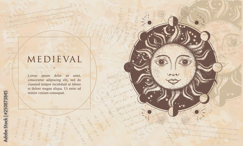 Medieval sun. Moon phases. Sacred Geometry. Esotericl alchemical symbol. Renaissance background, engraving art
