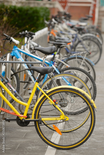 Bicycles parked and locked in different places in the center of the city of Vitoria-Gasteiz (Alava) Basque Country, Spain.