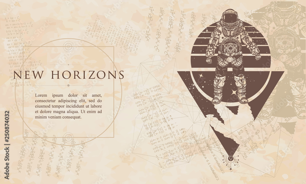 Obraz premium New horizons. Astronaut. Cosmonaut in deep space. Renaissance background. Medieval manuscript, engraving art