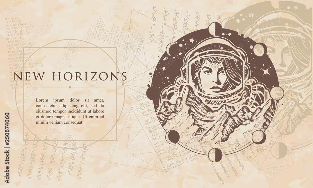 New horizons. Woman astronaut. Mountains on Mars. Spaceman exploring planets. Renaissance background. Medieval manuscript, engraving art