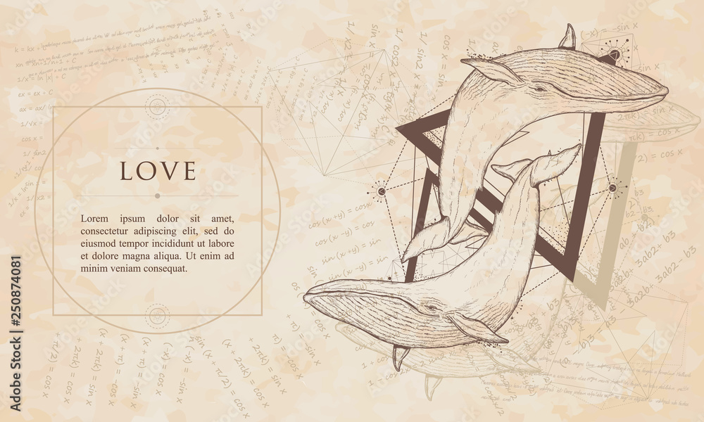 Love. Two whales geometric style. Renaissance background. Medieval manuscript, engraving art