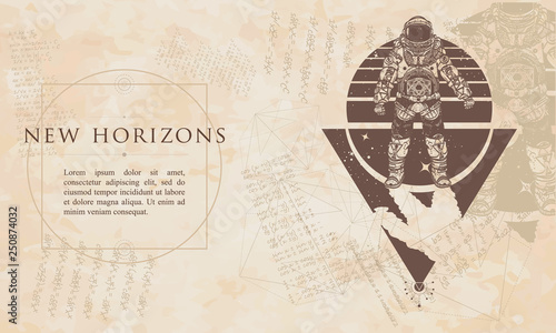 New horizons. Astronaut. Cosmonaut in deep space. Renaissance background. Medieval manuscript, engraving art