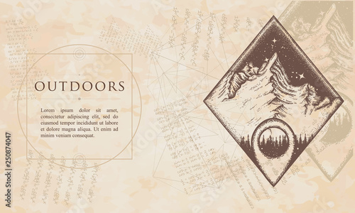 Outdoors. Mountain and map pointer. Renaissance background. Medieval manuscript, engraving art