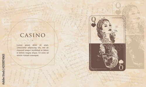 Casino. Queen playing card. Renaissance background. Medieval manuscript, engraving art
