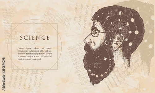 Science. Double exposure portrait of scientist. Renaissance background. Medieval manuscript, engraving art