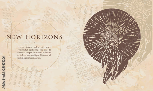 New horizons. Astronaut in space. Spaceman in Universe. Renaissance background. Medieval manuscript, engraving art
