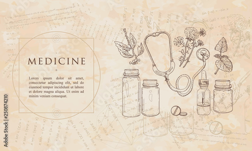 Medicine. Medical concept. Renaissance background. Medieval manuscript, engraving art