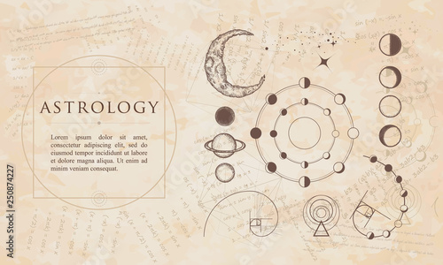 Astrology. Lunar phases, esoteric planets, moon, golden ratio. Renaissance background. Medieval manuscript, engraving art © intueri