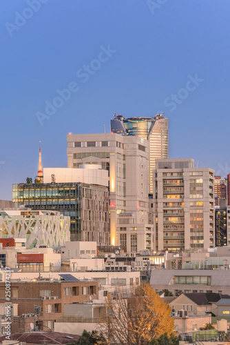 Bird’s view of the Japanese youth culture fashion’s district of Harajuku backstreets  with Roppongi Hills and TOD’S Omotesando buildings in background at sunset. photo