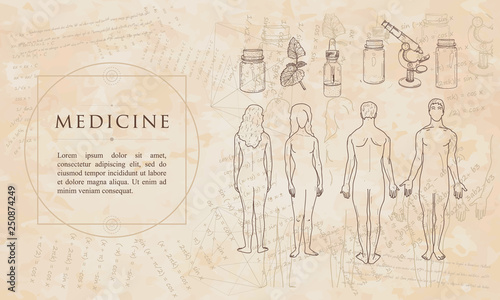 Medicine. Man and woman, male and female anatomy, medical equipment. Renaissance background. Medieval manuscript, engraving art