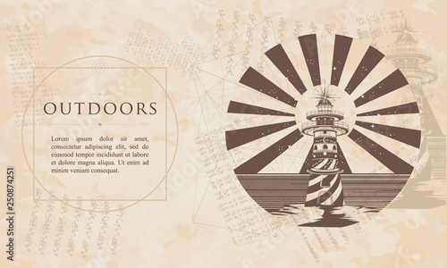 Outdoors. Lighthouse. Renaissance background. Medieval manuscript, engraving art