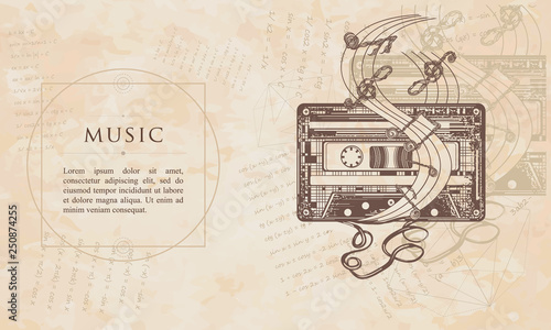 Music. Old audio cassette and music notes. Renaissance background. Medieval manuscript, engraving art