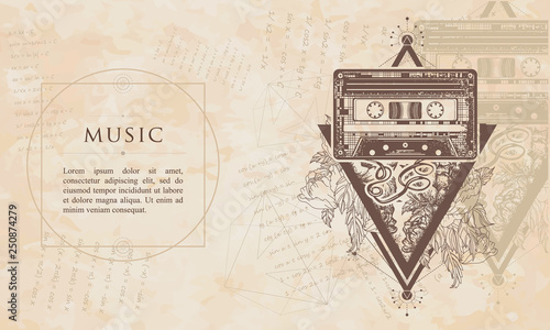 Music. Old audio cassette and roses flowers. Renaissance background. Medieval manuscript, engraving art