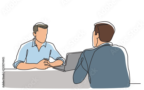 continuous line drawing of job interview between two men