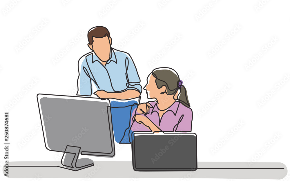 continuous line drawing of office workers discussing problem continuous line drawing of office workers discussing problem